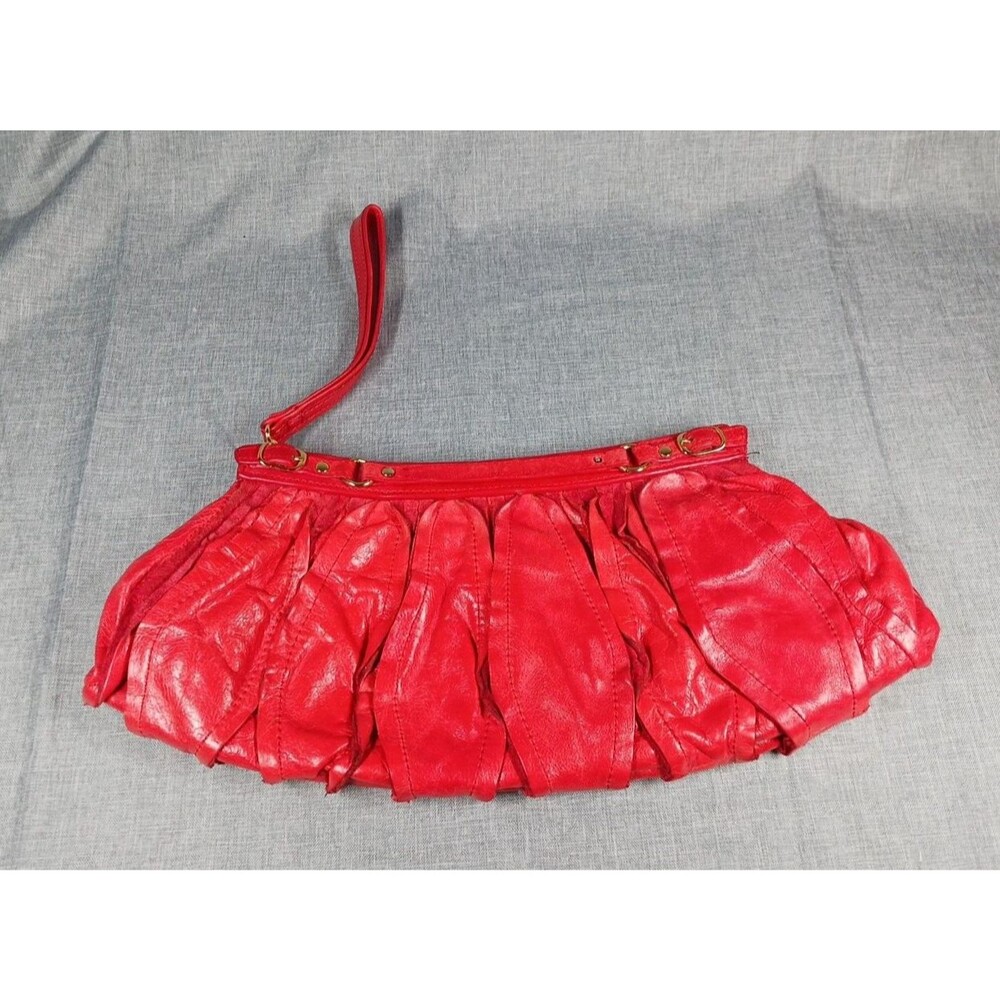 BEBE Y2K Red Leather Petal Ruffle Clutch Purse Handbag Pouch Holiday Wristlet